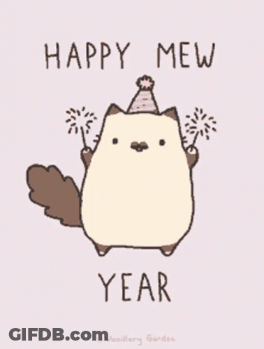 Happy Mew Year Cat With Party Hat And Fireworks GIF