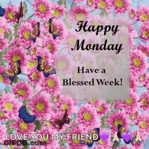 Happy Monday Have A Blessed Week Greeting Card With Flowers And Butterflies GIF