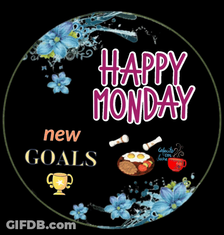 Happy Monday Sign With Blue Flowers And Trophy GIF