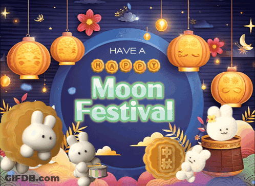 Happy Moon Festival Poster With Rabbits And Lanterns GIF