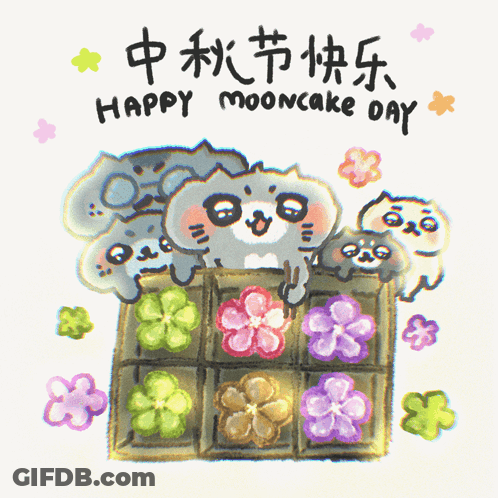 Happy Mooncake Day Greeting Card With Flowers And Animals GIF