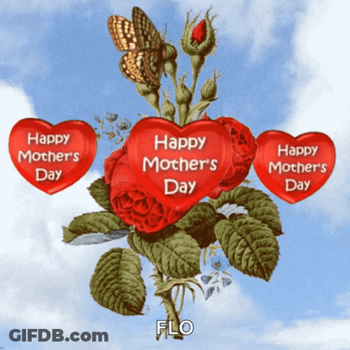 Happy Mother's Day Card With Butterfly And Red Hearts GIF