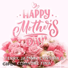 Happy Mother 'S Day Greeting Card With A Bouquet Of Pink Roses GIF