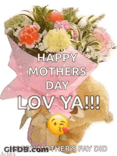 Happy Mother's Day Teddy Bear Holding Flowers GIF