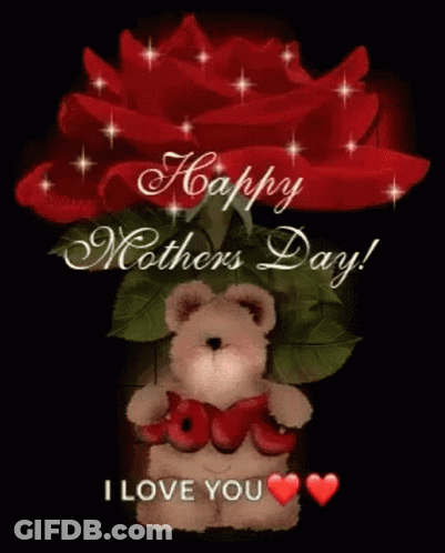 Happy Mothers Day Card Teddy Bear Holding Roses GIF