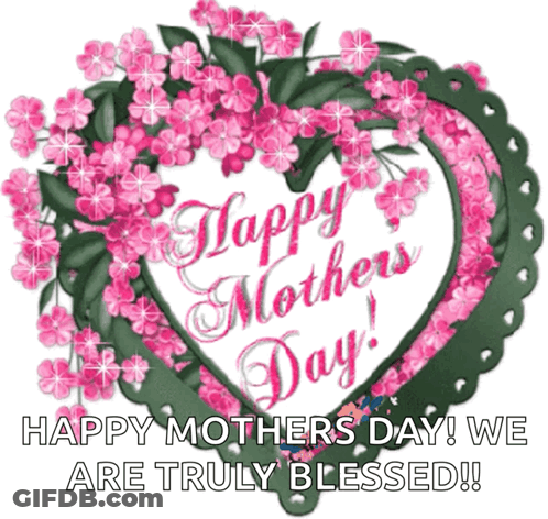 Happy Mothers Day Card With Heart And Pink Flowers GIF