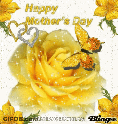 Happy Mothers Day Card With Yellow Flowers And Butterflies GIF