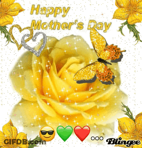 Happy Mothers Day Message With Yellow Rose And Butterflies GIF