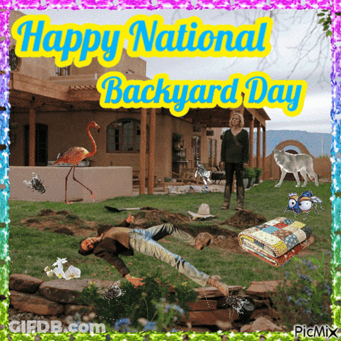 Happy National Backyard Day Flamingo And Man Laying On Ground GIF