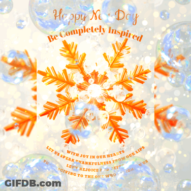 Happy New Day Greeting Card With Snowflakes And Bubbles GIF