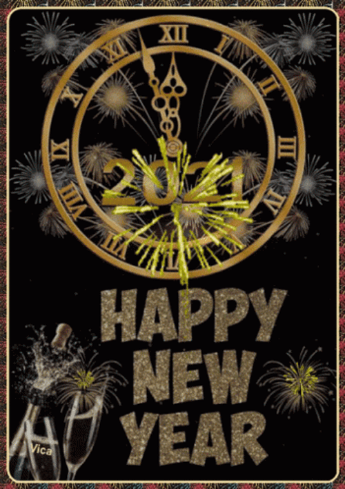 Happy New Year 2021 Gold Clock Fireworks GIF