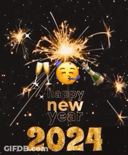 Happy New Year 2024 Smiley Holding Champagne GIF