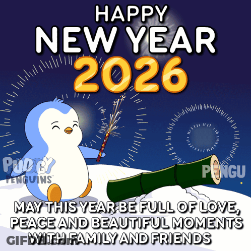 Happy New Year 2026 Greeting Card With Penguin GIF