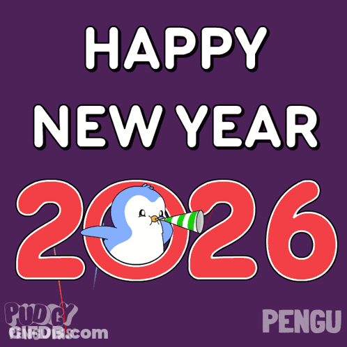 Happy New Year 2026 With A Penguin Blowing A Horn In Front Of Fireworks GIF