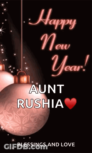 Happy New Year Aunt Rushia Card With Christmas Balls GIF