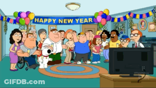 Happy New Year Banner Over Cartoon Characters GIF
