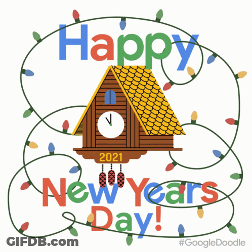 Happy New Year Card Birdhouse And Clock GIF