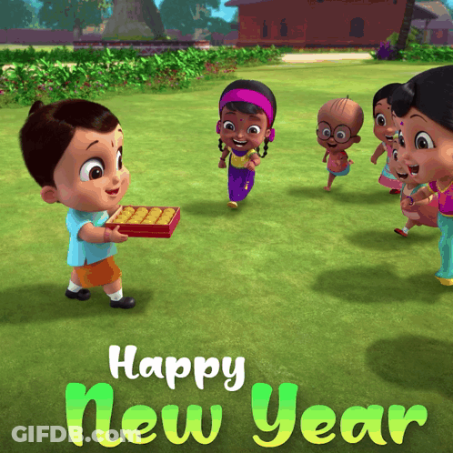 Happy New Year Card Boy Holding Box GIF