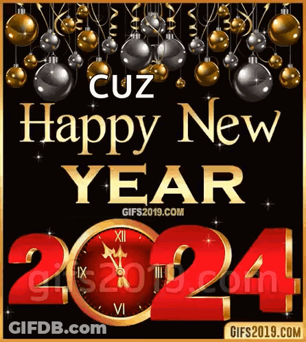 Happy New Year Card With Clock And Christmas Balls GIF