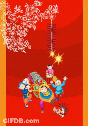 Happy New Year Card With Dragon And Kids GIF