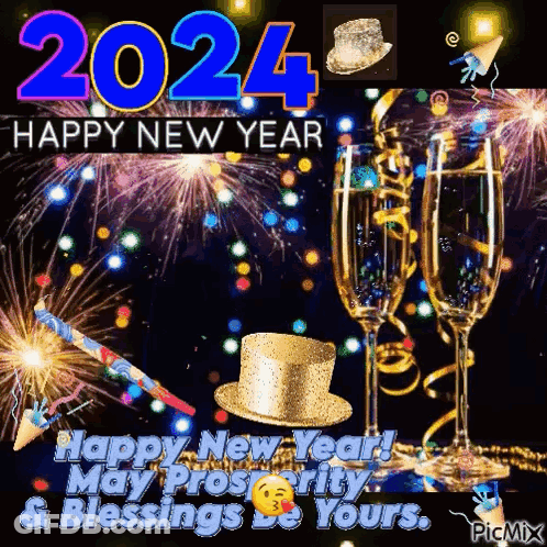 Happy New Year Card With Fireworks Champagne GIF