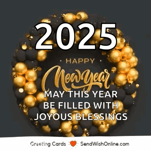 Happy New Year Card With Gold And Black Wreath GIF