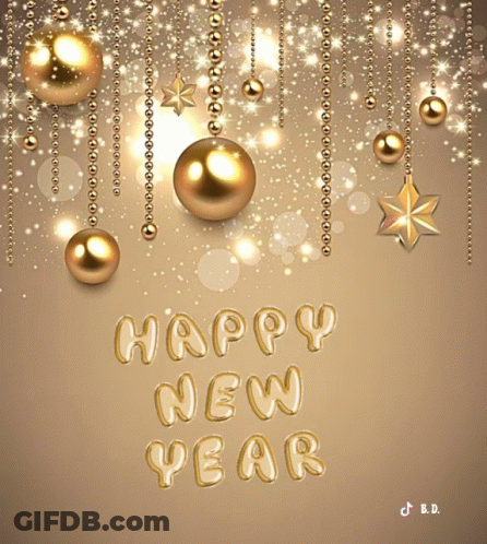 Happy New Year Card With Gold Decorations GIF