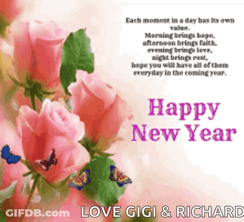 Happy New Year Card With Pink Roses And Butterflies GIF