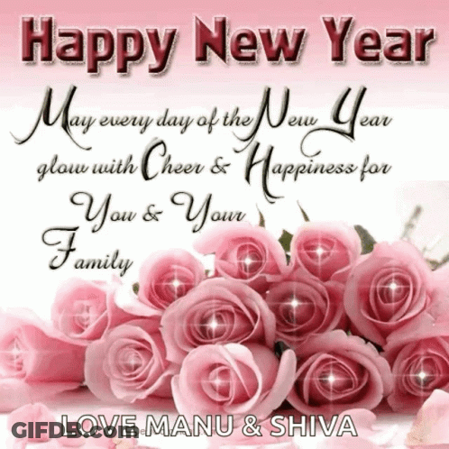 Happy New Year Card With Pink Roses Love Manu & Shiva GIF