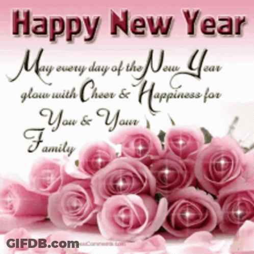 Happy New Year Card With Pink Roses GIF
