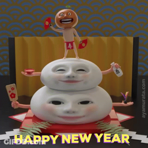 Happy New Year Cartoon Character Holding Fan GIF