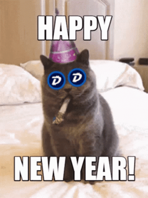 Happy New Year Funny Blowing Cat Digibyte Eyes GIF
