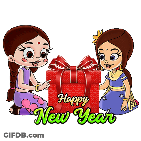 Happy New Year Girls Holding Gift GIF