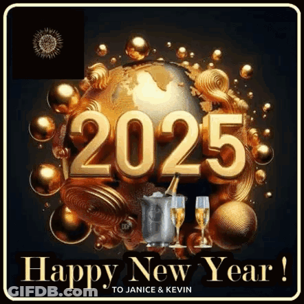 Happy New Year Globe And Champagne Glasses GIF
