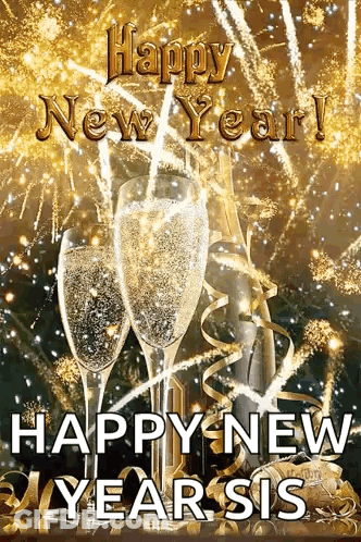 Happy New Year Greeting Card Champagne Glasses Bottle GIF
