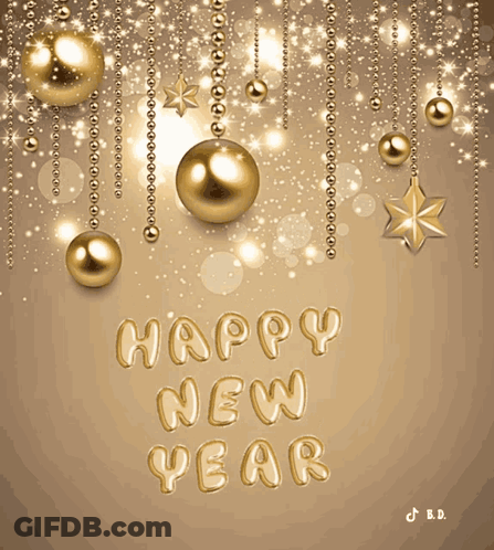 Happy New Year Greeting Card In Gold Letters GIF