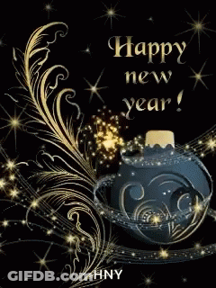 Happy New Year Greeting Card With Blue Christmas Ornament GIF