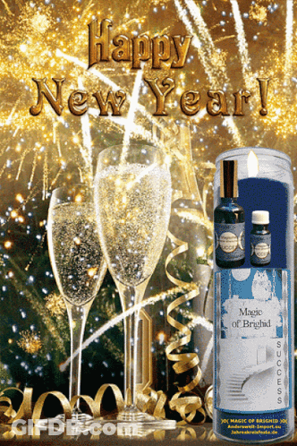 Happy New Year Greeting Card With Bottle Of Magic Brighted GIF