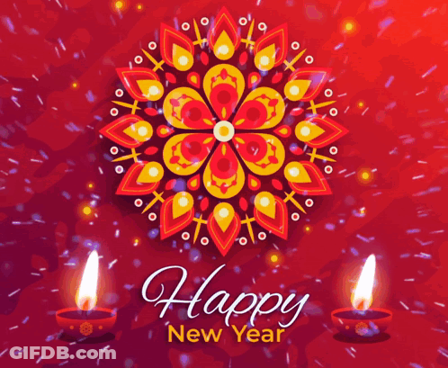 Happy New Year Greeting Card With Candles And Fireworks GIF