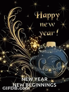Happy New Year Greeting Card With Christmas Ornament And Fireworks GIF