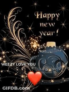 Happy New Year Greeting Card With Christmas Ornament And Fireworks GIF