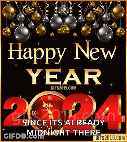 Happy New Year Greeting Card With Clock And Christmas Decorations GIF
