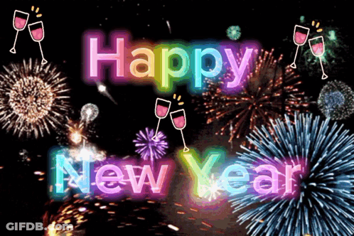 Happy New Year Greeting Card With Fireworks GIF