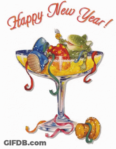Happy New Year Greeting Card With Frog In Glass GIF
