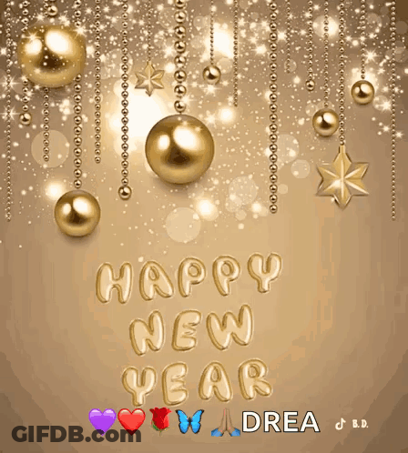 Happy New Year Greeting Card With Gold Balls And Stars GIF
