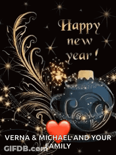 Happy New Year Greeting Card With Heart And Blue Ornament GIF