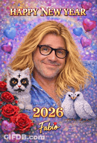 Happy New Year Greeting Card With Man And Two Birds GIF