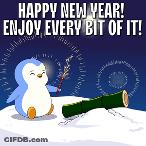 Happy New Year Greeting Card With Penguin And Bamboo GIF