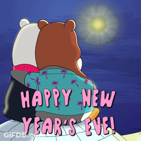 Happy New Year Greeting Card With Two Bears And Penguin GIF