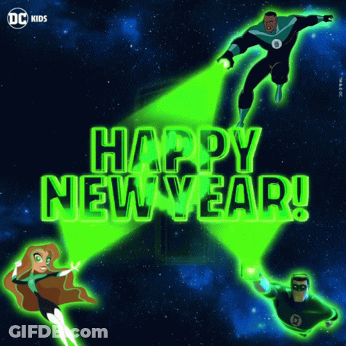 Happy New Year Greeting With Green Lanterns And Starfire GIF